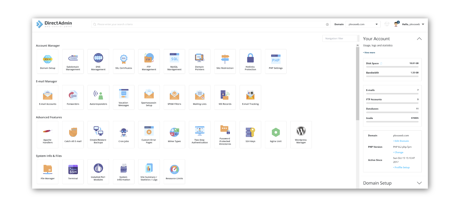 direct admin screenshot of dashboard showing different features: domain setup, subdomain management, dns management, ssl, ftp, mysql, domain pointers, redirection, hotlinks, php settings, email, advanced features, file manager, ssh terminal.